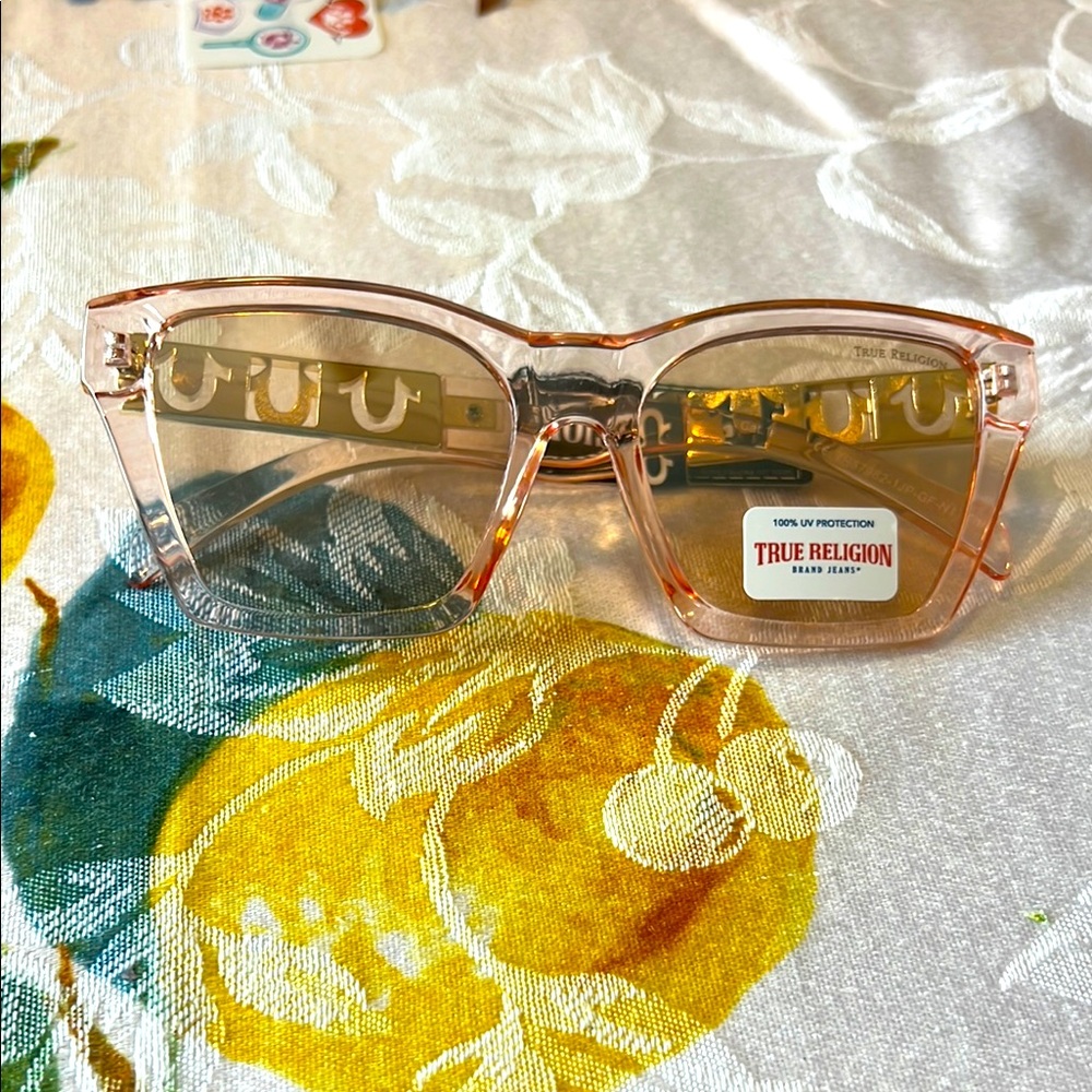 True Religion Transparent Pink Oversized Square Sunglasses with Gold Details